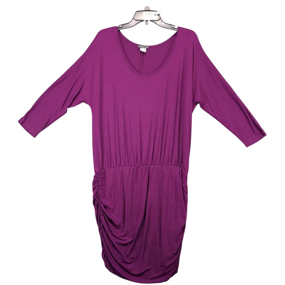 Venus Purple Bubble Hem Ruched Midi Dress Sz L Stretch,‎ 3/4 Sleeve, Scoop Neck